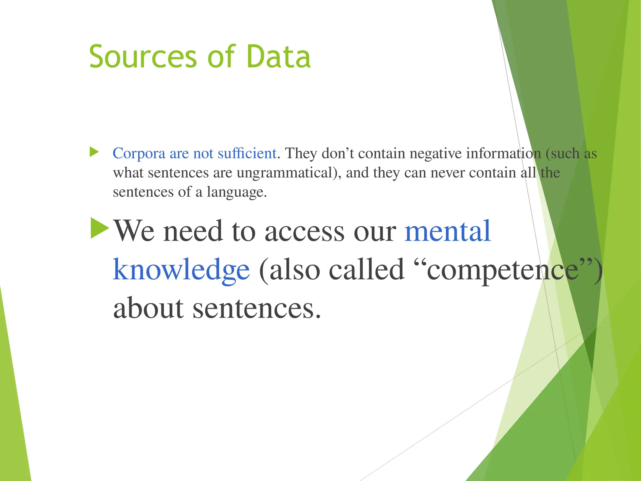 Sources of Data
 Corpora are not sufficient. They don’t contain negative information (such as
what sentences are ungrammatical), and they can never contain all the
sentences of a language.
We need to access our mental
knowledge (also called “competence”)
about sentences.
 