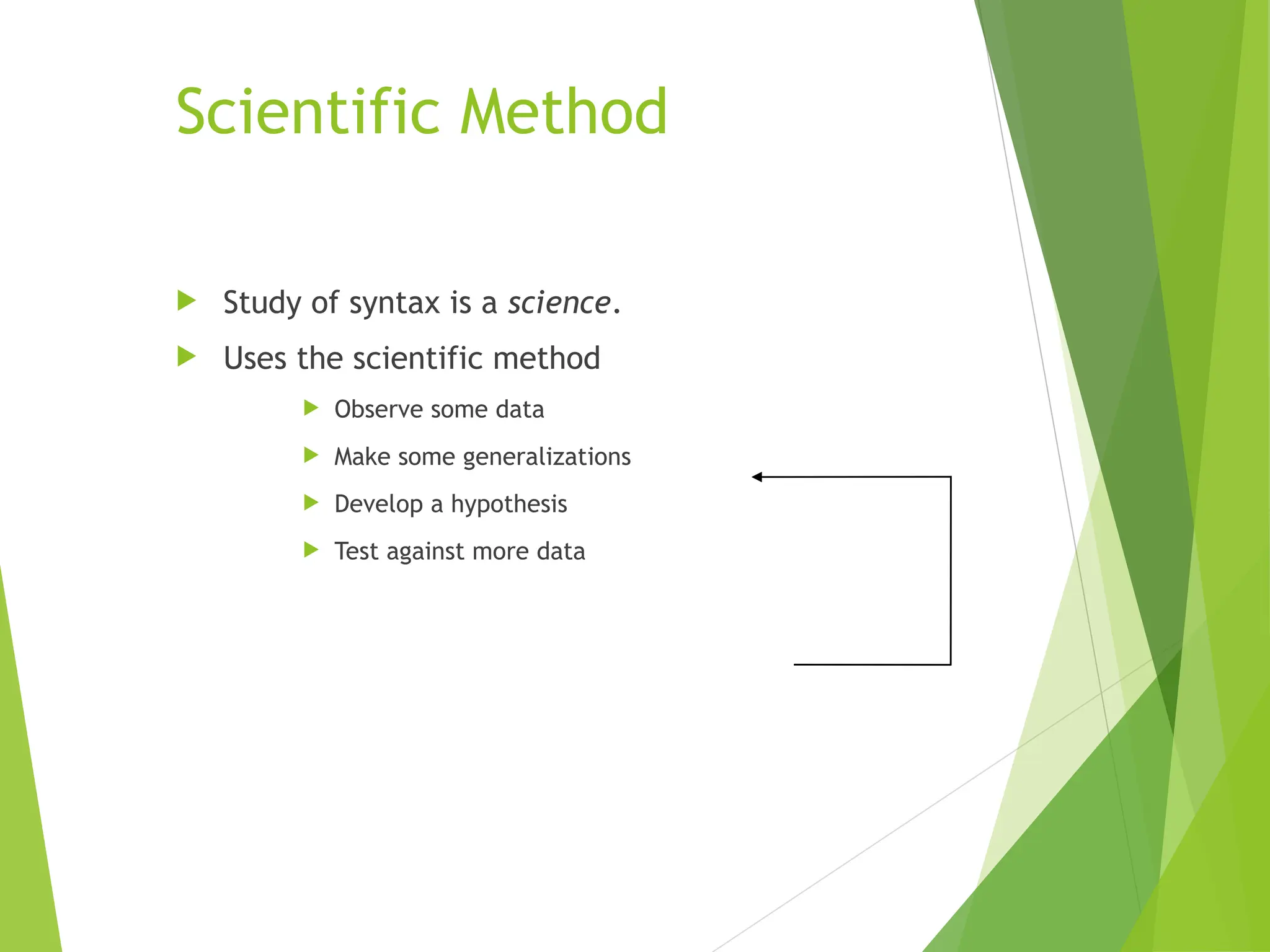 Scientific Method
 Study of syntax is a science.
 Uses the scientific method
 Observe some data
 Make some generalizations
 Develop a hypothesis
 Test against more data
 