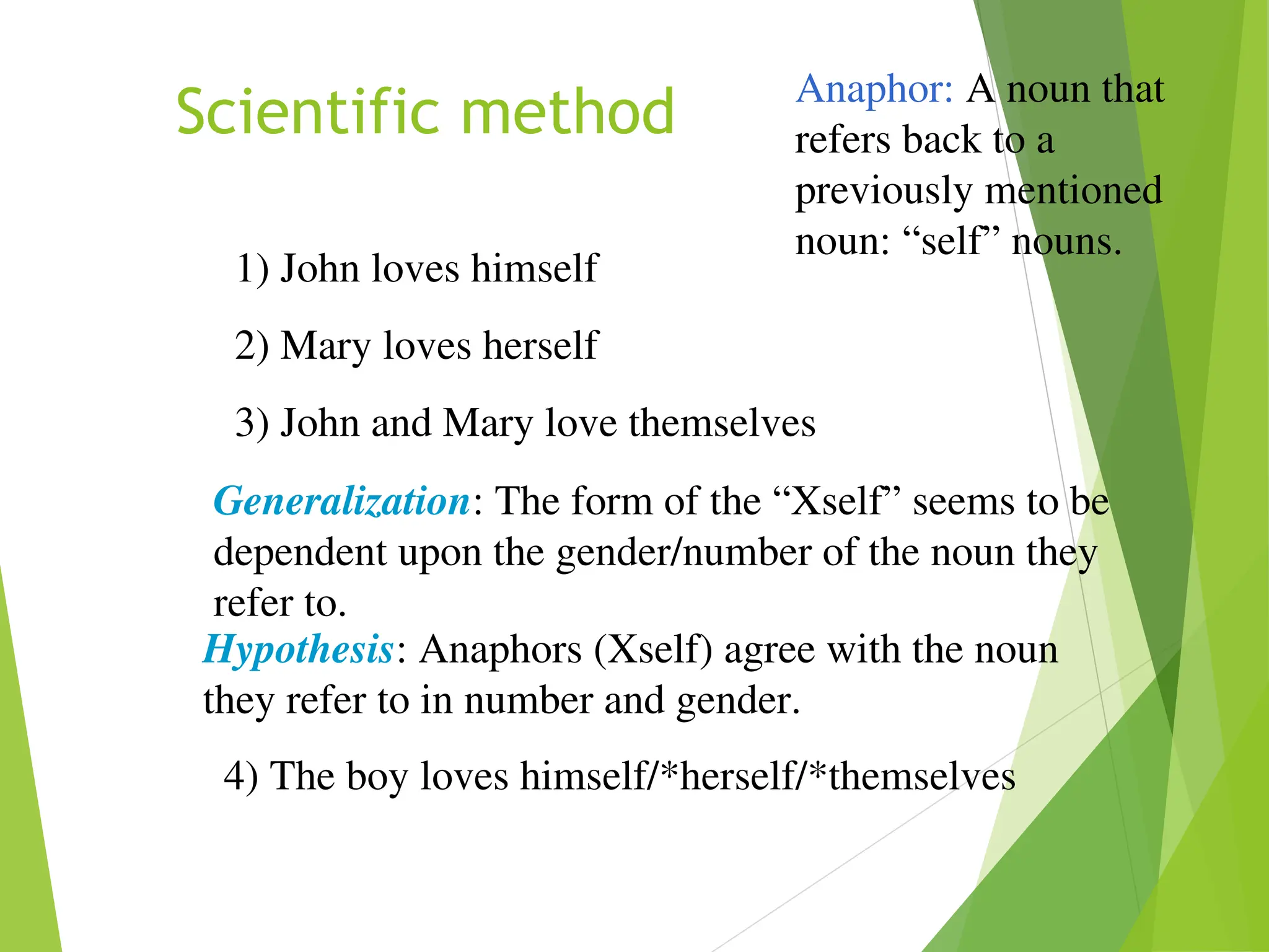 Scientific method
1) John loves himself
2) Mary loves herself
3) John and Mary love themselves
Generalization: The form of the “Xself” seems to be
dependent upon the gender/number of the noun they
refer to.
Hypothesis: Anaphors (Xself) agree with the noun
they refer to in number and gender.
4) The boy loves himself/*herself/*themselves
Anaphor: A noun that
refers back to a
previously mentioned
noun: “self” nouns.
 