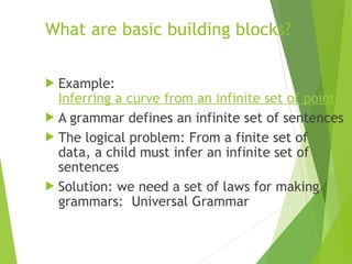 What are basic building blocks?
 Example:
Inferring a curve from an infinite set of points
 A grammar defines an infinite set of sentences
 The logical problem: From a finite set of
data, a child must infer an infinite set of
sentences
 Solution: we need a set of laws for making
grammars: Universal Grammar
 