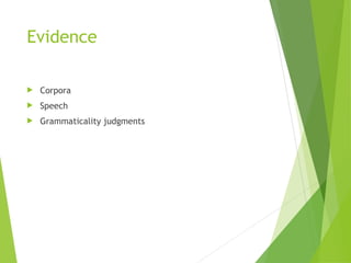 Evidence
 Corpora
 Speech
 Grammaticality judgments
 