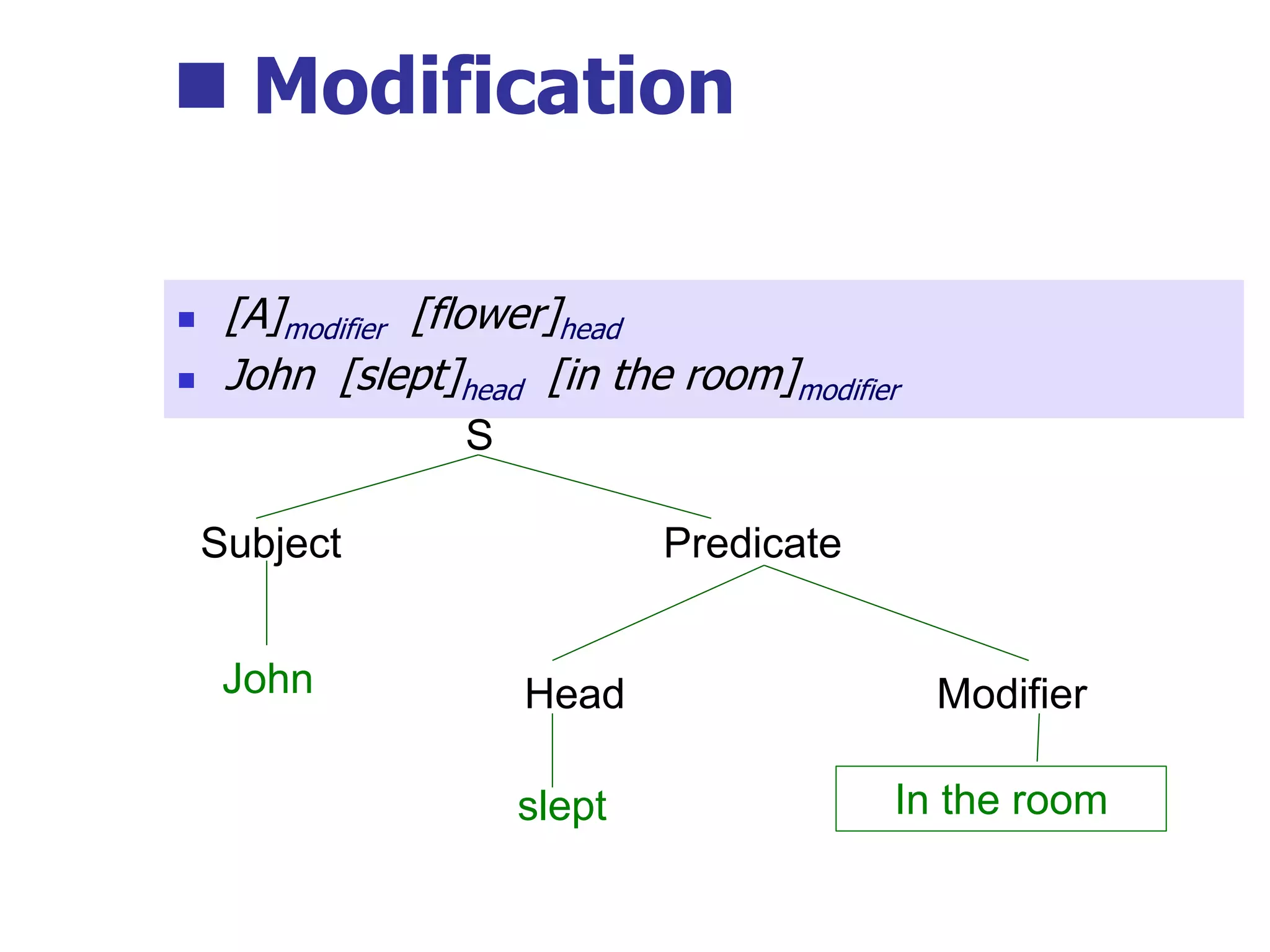  Modification
 [A]modifier [flower]head
 John [slept]head [in the room]modifier
S
Predicate
Subject
John Head Modifier
slept In the room
 