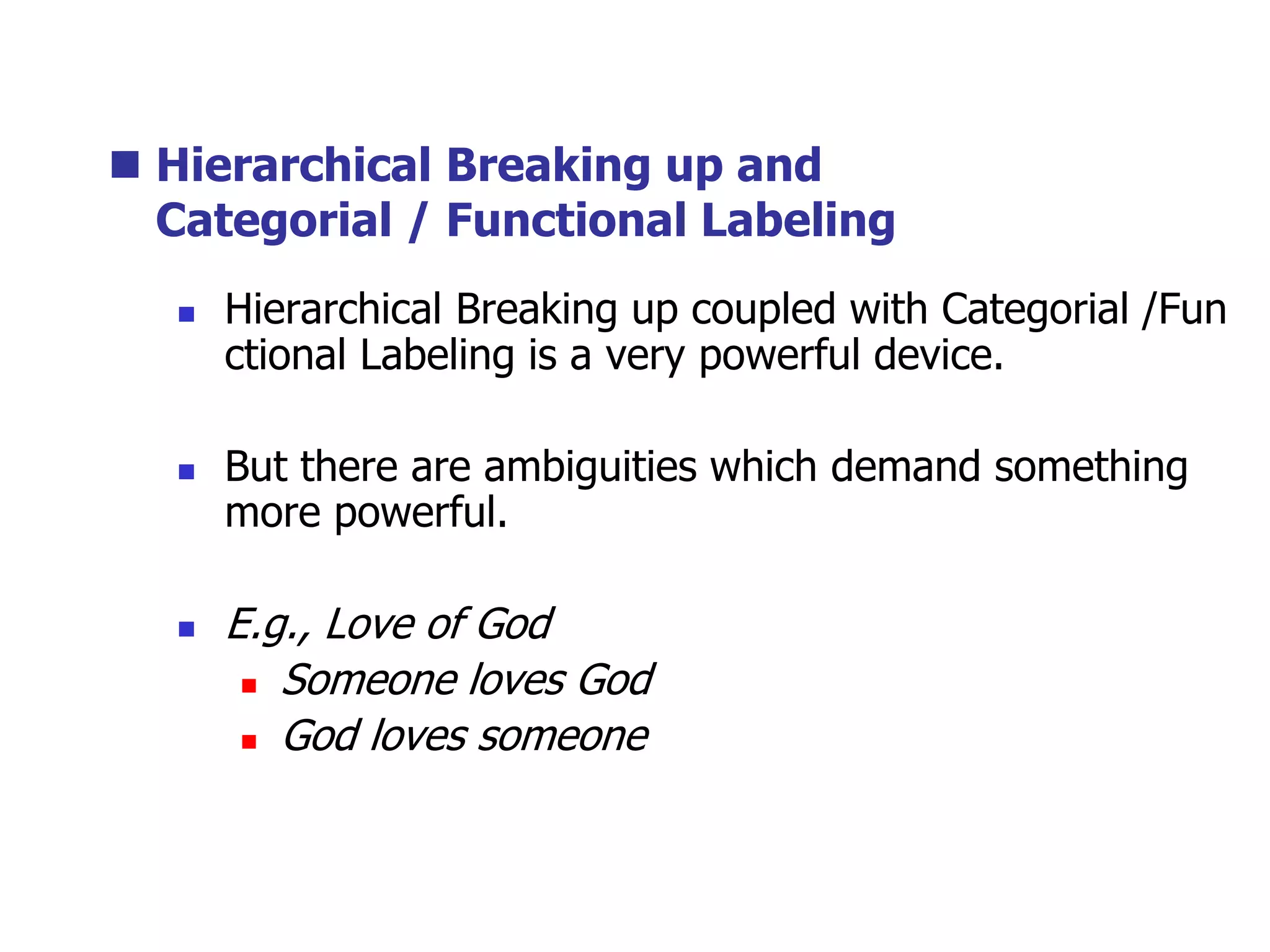  Hierarchical Breaking up and
Categorial / Functional Labeling
 Hierarchical Breaking up coupled with Categorial /Fun
ctional Labeling is a very powerful device.
 But there are ambiguities which demand something
more powerful.
 E.g., Love of God
 Someone loves God
 God loves someone
 