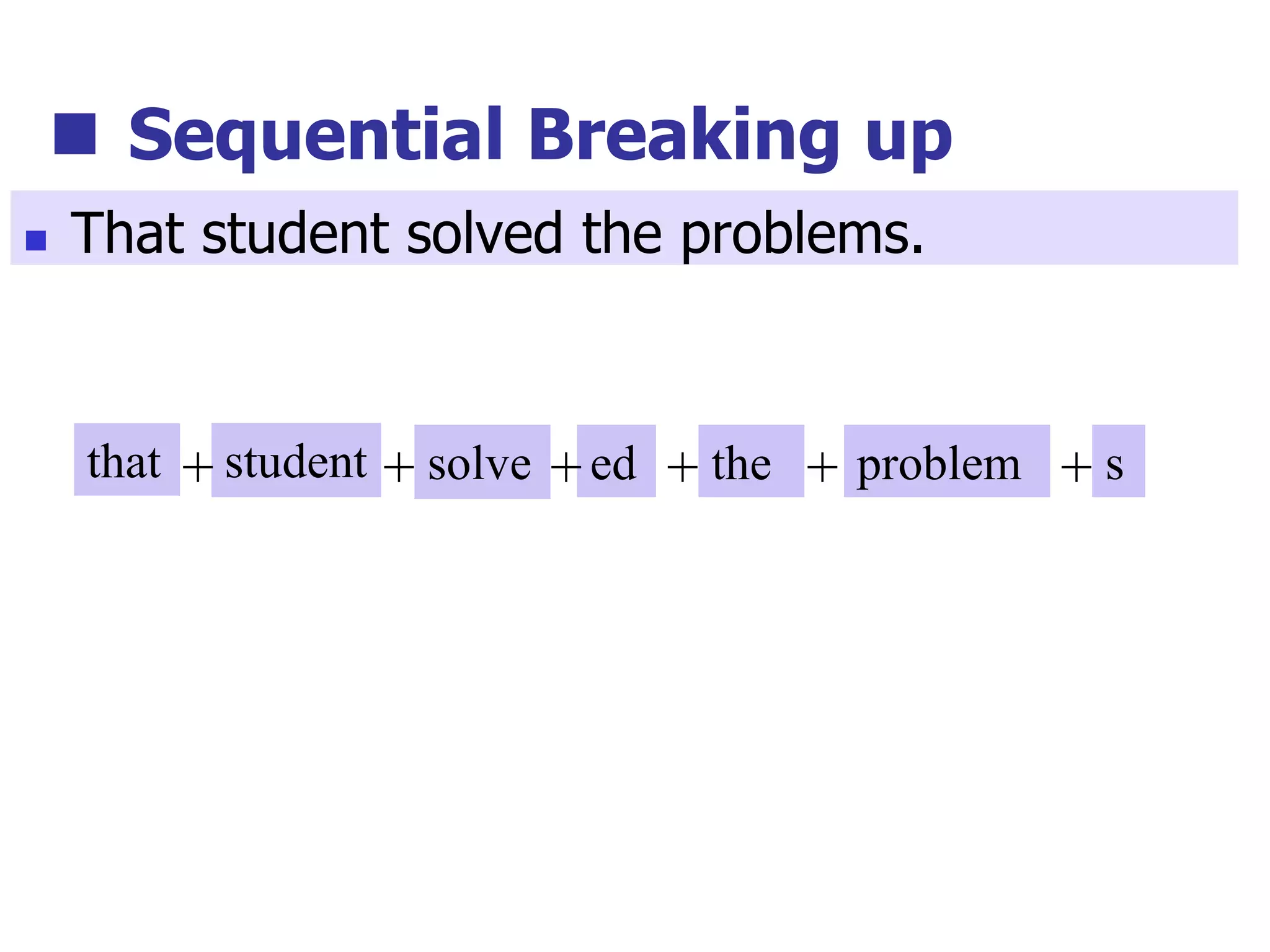  Sequential Breaking up
that student solve ed the problem s
+ + + + + +
 That student solved the problems.
 