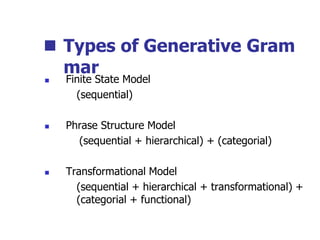  Types of Generative Gram
mar
 Finite State Model
(sequential)
 Phrase Structure Model
(sequential + hierarchical) + (categorial)
 Transformational Model
(sequential + hierarchical + transformational) +
(categorial + functional)
 