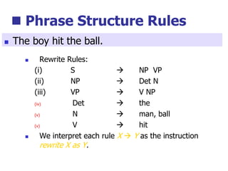  Phrase Structure Rules
 Rewrite Rules:
(i) S  NP VP
(ii) NP  Det N
(iii) VP  V NP
(iv) Det  the
(v) N  man, ball
(v) V  hit
 We interpret each rule X  Y as the instruction
rewrite X as Y.
 The boy hit the ball.
 