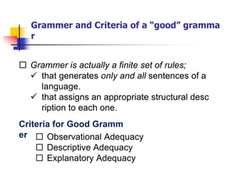 Grammer and Criteria of a “good” gramma
r
 Grammer is actually a finite set of rules;
 that generates only and all sentences of a
language.
 that assigns an appropriate structural desc
ription to each one.
Criteria for Good Gramm
er  Observational Adequacy
 Descriptive Adequacy
 Explanatory Adequacy
 