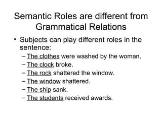 Semantic Roles are different from Grammatical Relations Subjects can play different roles in the sentence: The clothes  were washed by the woman. The clock  broke. The rock  shattered the window. The window  shattered. The ship  sank. The students  received awards. 