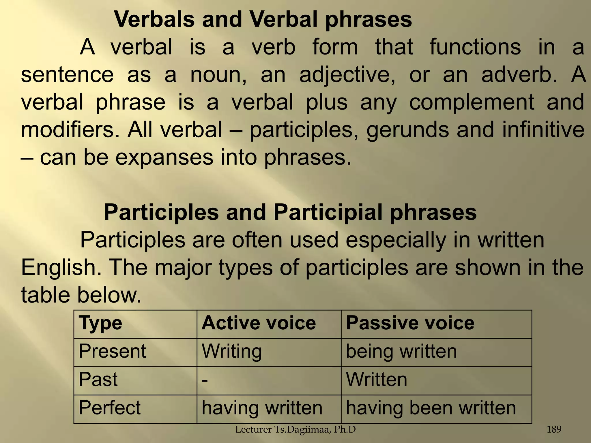 Verbals and Verbal phrases
A verbal is a verb form that functions in a
sentence as a noun, an adjective, or an adverb. A
verbal phrase is a verbal plus any complement and
modifiers. All verbal – participles, gerunds and infinitive
– can be expanses into phrases.
Participles and Participial phrases
Participles are often used especially in written
English. The major types of participles are shown in the
table below.
Type
Present
Past
Perfect

Active voice
Writing
having written

Passive voice
being written
Written
having been written

Lecturer Ts.Dagiimaa, Ph.D

189

 