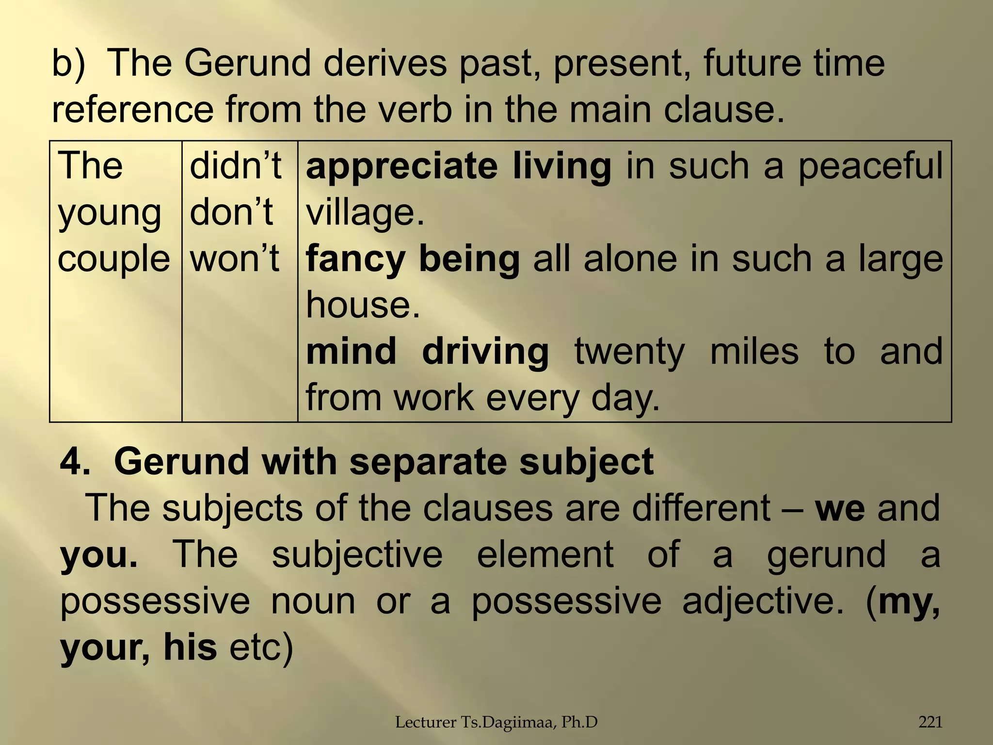 b) The Gerund derives past, present, future time
reference from the verb in the main clause.
The
didn‟t appreciate living in such a peaceful
young don‟t village.
couple won‟t fancy being all alone in such a large
house.
mind driving twenty miles to and
from work every day.
4. Gerund with separate subject
The subjects of the clauses are different – we and
you. The subjective element of a gerund a
possessive noun or a possessive adjective. (my,
your, his etc)
Lecturer Ts.Dagiimaa, Ph.D

221

 