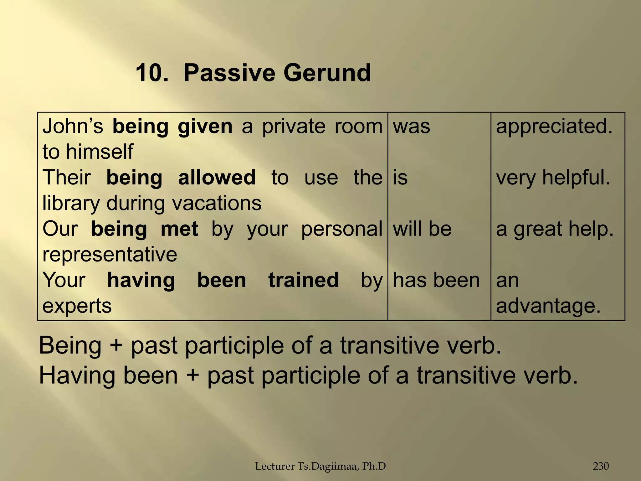 10. Passive Gerund
John‟s being given a private room
to himself
Their being allowed to use the
library during vacations
Our being met by your personal
representative
Your having been trained by
experts

was

appreciated.

is

very helpful.

will be

a great help.

has been an
advantage.

Being + past participle of a transitive verb.
Having been + past participle of a transitive verb.

Lecturer Ts.Dagiimaa, Ph.D

230

 