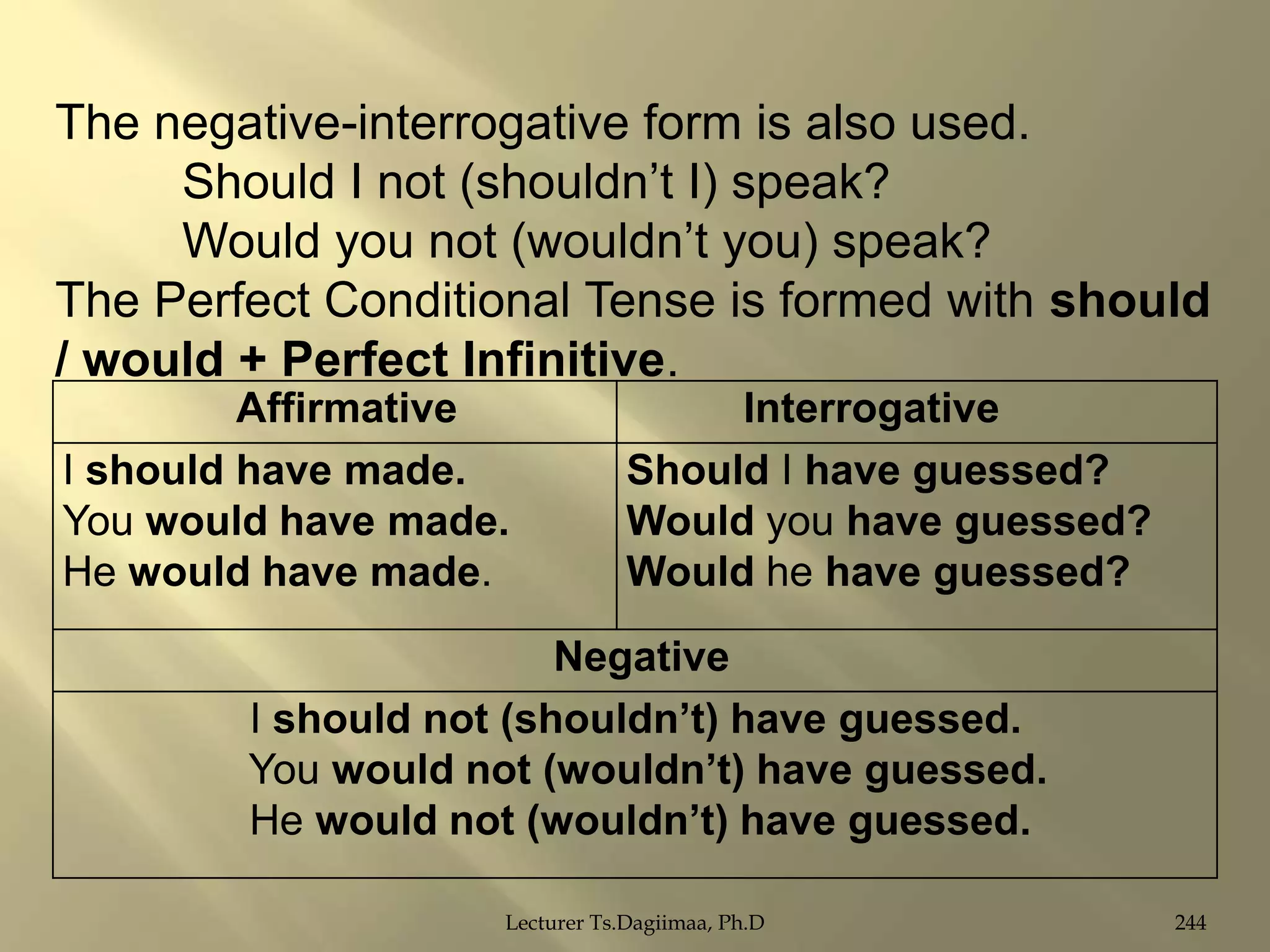 The negative-interrogative form is also used.
Should I not (shouldn‟t I) speak?
Would you not (wouldn‟t you) speak?
The Perfect Conditional Tense is formed with should
/ would + Perfect Infinitive.
Affirmative
I should have made.
You would have made.
He would have made.

Interrogative
Should I have guessed?
Would you have guessed?
Would he have guessed?

Negative
I should not (shouldn‟t) have guessed.
You would not (wouldn‟t) have guessed.
He would not (wouldn‟t) have guessed.
Lecturer Ts.Dagiimaa, Ph.D

244

 