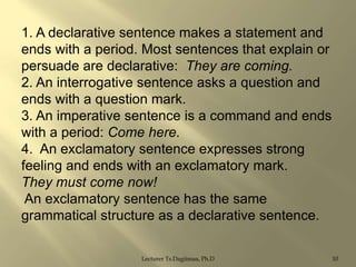 1. A declarative sentence makes a statement and
ends with a period. Most sentences that explain or
persuade are declarative: They are coming.
2. An interrogative sentence asks a question and
ends with a question mark.
3. An imperative sentence is a command and ends
with a period: Come here.
4. An exclamatory sentence expresses strong
feeling and ends with an exclamatory mark.
They must come now!
An exclamatory sentence has the same
grammatical structure as a declarative sentence.
Lecturer Ts.Dagiimaa, Ph.D

10

 