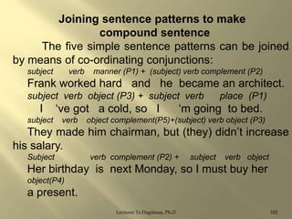 Joining sentence patterns to make
compound sentence
The five simple sentence patterns can be joined
by means of co-ordinating conjunctions:
subject

verb

manner (P1) + (subject) verb complement (P2)

Frank worked hard and he became an architect.
subject verb object (P3) + subject verb

I
subject

„ve got a cold, so I
verb

place (P1)

„m going to bed.

object complement(P5)+(subject) verb object (P3)

They made him chairman, but (they) didn‟t increase
his salary.
Subject

verb complement (P2) +

subject

verb object

Her birthday is next Monday, so I must buy her
object(P4)

a present.
Lecturer Ts.Dagiimaa, Ph.D

102

 