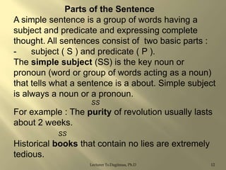 Parts of the Sentence
A simple sentence is a group of words having a
subject and predicate and expressing complete
thought. All sentences consist of two basic parts :
subject ( S ) and predicate ( P ).
The simple subject (SS) is the key noun or
pronoun (word or group of words acting as a noun)
that tells what a sentence is a about. Simple subject
is always a noun or a pronoun.
SS

For example : The purity of revolution usually lasts
about 2 weeks.
SS

Historical books that contain no lies are extremely
tedious.
Lecturer Ts.Dagiimaa, Ph.D

12

 