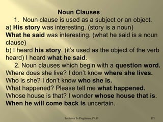 Noun Clauses
1. Noun clause is used as a subject or an object.
a) His story was interesting. (story is a noun)
What he said was interesting. (what he said is a noun
clause)
b) I heard his story. (it‟s used as the object of the verb
heard) I heard what he said.
2. Noun clauses which begin with a question word.
Where does she live? I don‟t know where she lives.
Who is she? I don‟t know who she is.
What happened? Please tell me what happened.
Whose house is that? I wonder whose house that is.
When he will come back is uncertain.
Lecturer Ts.Dagiimaa, Ph.D

121

 