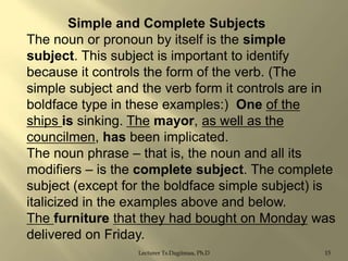 Simple and Complete Subjects
The noun or pronoun by itself is the simple
subject. This subject is important to identify
because it controls the form of the verb. (The
simple subject and the verb form it controls are in
boldface type in these examples:) One of the
ships is sinking. The mayor, as well as the
councilmen, has been implicated.
The noun phrase – that is, the noun and all its
modifiers – is the complete subject. The complete
subject (except for the boldface simple subject) is
italicized in the examples above and below.
The furniture that they had bought on Monday was
delivered on Friday.
Lecturer Ts.Dagiimaa, Ph.D

15

 