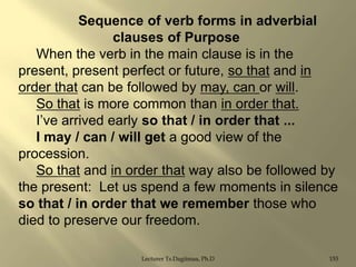 Sequence of verb forms in adverbial
clauses of Purpose
When the verb in the main clause is in the
present, present perfect or future, so that and in
order that can be followed by may, can or will.
So that is more common than in order that.
I‟ve arrived early so that / in order that ...
I may / can / will get a good view of the
procession.
So that and in order that way also be followed by
the present: Let us spend a few moments in silence
so that / in order that we remember those who
died to preserve our freedom.
Lecturer Ts.Dagiimaa, Ph.D

153

 