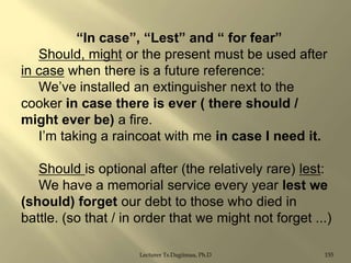“In case”, “Lest” and “ for fear”
Should, might or the present must be used after
in case when there is a future reference:
We‟ve installed an extinguisher next to the
cooker in case there is ever ( there should /
might ever be) a fire.
I‟m taking a raincoat with me in case I need it.
Should is optional after (the relatively rare) lest:
We have a memorial service every year lest we
(should) forget our debt to those who died in
battle. (so that / in order that we might not forget ...)
Lecturer Ts.Dagiimaa, Ph.D

155

 