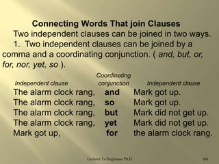 Connecting Words That join Clauses
Two independent clauses can be joined in two ways.
1. Two independent clauses can be joined by a
comma and a coordinating conjunction. ( and, but, or,
for, nor, yet, so ).
Coordinating
conjunction

Independent clause

The alarm clock rang,
The alarm clock rang,
The alarm clock rang,
The alarm clock rang,
Mark got up,

Independent clause

and
so
but
yet
for

Mark got up.
Mark got up.
Mark did not get up.
Mark did not get up.
the alarm clock rang.

Lecturer Ts.Dagiimaa, Ph.D

166

 