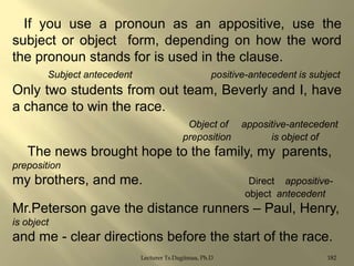 If you use a pronoun as an appositive, use the
subject or object form, depending on how the word
the pronoun stands for is used in the clause.
Subject antecedent

positive-antecedent is subject

Only two students from out team, Beverly and I, have
a chance to win the race.
Object of
preposition

appositive-antecedent
is object of

The news brought hope to the family, my parents,
preposition

my brothers, and me.

Direct appositiveobject antecedent

Mr.Peterson gave the distance runners – Paul, Henry,
is object

and me - clear directions before the start of the race.
Lecturer Ts.Dagiimaa, Ph.D

182

 