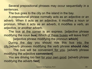 Several prepositional phrases may occur sequentially in a
sentences.
The bus goes to the city on the island in the bay.
A prepositional phrase normally acts as an adjective or an
adverb. When it acts as an adjective, it modifies a noun or
pronoun. When it acts as an adverb, it modifies a verb, an
adjective, or another adverb.
The bus at the corner is an express. [adjective phrase
modifying the noun bus] Which of these buses will leave first?
[adjective phrase modifying the pronoun which]
During the day you should ride this bus into the
city.[adverb phrases modifying the verb phrase should ride]
The bus will be convenient for you. [adverb phrase
modifying the adjective convenient]
You are driving too fast for your own good. [adverb phrase
modifying the adverb fast]
Lecturer Ts.Dagiimaa, Ph.D

188

 