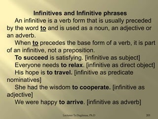 Infinitives and Infinitive phrases
An infinitive is a verb form that is usually preceded
by the word to and is used as a noun, an adjective or
an adverb.
When to precedes the base form of a verb, it is part
of an infinitive, not a preposition.
To succeed is satisfying. [infinitive as subject]
Everyone needs to relax. [infinitive as direct object]
His hope is to travel. [infinitive as predicate
nominatives]
She had the wisdom to cooperate. [infinitive as
adjective]
We were happy to arrive. [infinitive as adverb]
Lecturer Ts.Dagiimaa, Ph.D

203

 