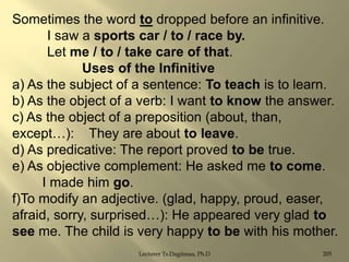 Sometimes the word to dropped before an infinitive.
I saw a sports car / to / race by.
Let me / to / take care of that.
Uses of the Infinitive
a) As the subject of a sentence: To teach is to learn.
b) As the object of a verb: I want to know the answer.
c) As the object of a preposition (about, than,
except…): They are about to leave.
d) As predicative: The report proved to be true.
e) As objective complement: He asked me to come.
I made him go.
f)To modify an adjective. (glad, happy, proud, easer,
afraid, sorry, surprised…): He appeared very glad to
see me. The child is very happy to be with his mother.
Lecturer Ts.Dagiimaa, Ph.D

205

 