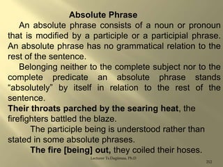 Absolute Phrase
An absolute phrase consists of a noun or pronoun
that is modified by a participle or a participial phrase.
An absolute phrase has no grammatical relation to the
rest of the sentence.
Belonging neither to the complete subject nor to the
complete predicate an absolute phrase stands
“absolutely” by itself in relation to the rest of the
sentence.
Their throats parched by the searing heat, the
firefighters battled the blaze.
The participle being is understood rather than
stated in some absolute phrases.
The fire [being] out, they coiled their hoses.
Lecturer Ts.Dagiimaa, Ph.D

212

 