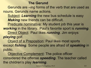 The Gerund
Gerunds are –ing forms of the verb that are used as
nouns. Gerunds name actions.
Subject: Learning the new bus schedule is easy
Making new friends can be difficult.
Predicate nominative: My student job this year is
working in the library. Paul‟s favorite sport is running.
Direct Object: Paul likes running. Jim enjoys
playing golf.
Object of a Preposition: Paul likes most sports
except fishing. Some people are afraid of speaking in
public.
Objective Complement: The police officer
considered the offense speeding. The teacher called
the children‟s play learning.
Lecturer Ts.Dagiimaa, Ph.D

213

 