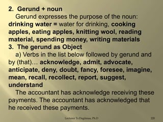 2. Gerund + noun
Gerund expresses the purpose of the noun:
drinking water = water for drinking, cooking
apples, eating apples, knitting wool, reading
material, spending money, writing materials
3. The gerund as Object
a) Verbs in the list below followed by gerund and
by (that)… acknowledge, admit, advocate,
anticipate, deny, doubt, fancy, foresee, imagine,
mean, recall, recollect, report, suggest,
understand
The accountant has acknowledge receiving these
payments. The accountant has acknowledged that
he received these payments.
Lecturer Ts.Dagiimaa, Ph.D

220

 