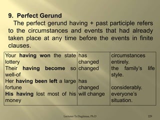 9. Perfect Gerund
The perfect gerund having + past participle refers
to the circumstances and events that had already
taken place at any time before the events in finite
clauses.
Your having won the state
lottery
Their having become so
well-of
Her having been left a large
fortune
His having lost most of his
money

has
changed
changed
has
changed
will change

Lecturer Ts.Dagiimaa, Ph.D

circumstances
entirely.
the family‟s life
style.
considerably.
everyone‟s
situation.
229

 