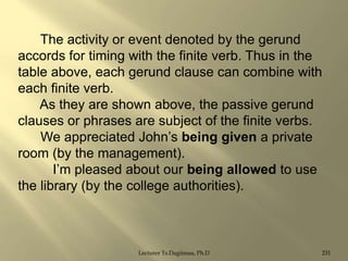 The activity or event denoted by the gerund
accords for timing with the finite verb. Thus in the
table above, each gerund clause can combine with
each finite verb.
As they are shown above, the passive gerund
clauses or phrases are subject of the finite verbs.
We appreciated John‟s being given a private
room (by the management).
I‟m pleased about our being allowed to use
the library (by the college authorities).

Lecturer Ts.Dagiimaa, Ph.D

231

 