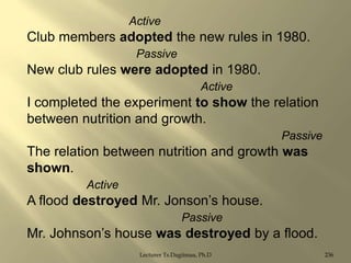 Active

Club members adopted the new rules in 1980.
Passive

New club rules were adopted in 1980.
Active

I completed the experiment to show the relation
between nutrition and growth.
Passive

The relation between nutrition and growth was
shown.
Active

A flood destroyed Mr. Jonson‟s house.
Passive

Mr. Johnson‟s house was destroyed by a flood.
Lecturer Ts.Dagiimaa, Ph.D

236

 