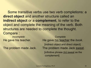 Some transitive verbs use two verb completions: a
direct object and another structure called an
indirect object or a complement, to refer to the
object and complete the meaning of the verb. Both
structures are needed to complete the thought.
Compare :
Incomplete

Complete

He gave his teacher.

He gave his teacher the book.
[indirect object and direct object]

The problem made Jack.

The problem made Jack sweat.
[infinitive phrase (to) sweat as the
complement]

Lecturer Ts.Dagiimaa, Ph.D

24

 