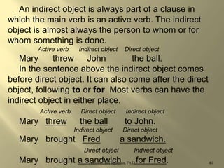An indirect object is always part of a clause in
which the main verb is an active verb. The indirect
object is almost always the person to whom or for
whom something is done.
Active verb

Indirect object

Direct object

Mary
threw
John
the ball.
In the sentence above the indirect object comes
before direct object. It can also come after the direct
object, following to or for. Most verbs can have the
indirect object in either place.
Active verb

Indirect object

the ball

to John.

Indirect object

Mary threw

Direct object

Direct object

Mary brought Fred
Direct object

a sandwich.
Indirect object

Mary brought a sandwich Ph.D for Fred.
Lecturer Ts.Dagiimaa,

40

 