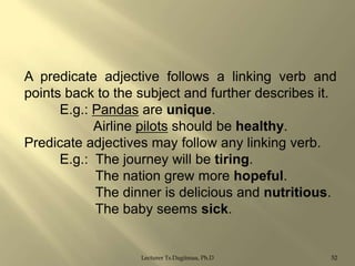 A predicate adjective follows a linking verb and
points back to the subject and further describes it.
E.g.: Pandas are unique.
Airline pilots should be healthy.
Predicate adjectives may follow any linking verb.
E.g.: The journey will be tiring.
The nation grew more hopeful.
The dinner is delicious and nutritious.
The baby seems sick.

Lecturer Ts.Dagiimaa, Ph.D

52

 