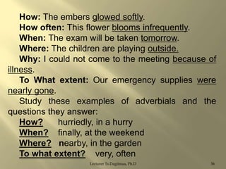 How: The embers glowed softly.
How often: This flower blooms infrequently.
When: The exam will be taken tomorrow.
Where: The children are playing outside.
Why: I could not come to the meeting because of
illness.
To What extent: Our emergency supplies were
nearly gone.
Study these examples of adverbials and the
questions they answer:
How?
hurriedly, in a hurry
When? finally, at the weekend
Where? nearby, in the garden
To what extent? very, often
Lecturer Ts.Dagiimaa, Ph.D

56

 