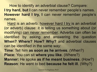 How to identify an adverbial clause? Compare:
I try hard, but I can never remember people‟s names.
However hard I try, I can never remember people‟s
names.
Hard is an adverb; however hard I try is an adverbial
(or adverb) clause: it is telling us something about (or
modifying) can never remember. Adverbs can often be
identified by asking and answering the question
When? Where? How? Why? and adverbial clauses
can be identified in the same way:
Time: Tell him as soon as he arrives. (When?)
Place: You can sit where you like. (Where?)
Manner: He spoke as if he meant business. (How?)
Reason: He went to bed because he felt ill. (Why?)
Lecturer Ts.Dagiimaa, Ph.D

57

 