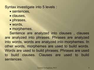 Syntax investigate into 5 levels :
sentences,
clauses,
phrases,
words,
morphemes.
Sentence are analyzed into clauses , clauses
are analyzed into phrases. Phrases are analyzed
into words, words are analyzed into morphemes. In
other words, morphemes are used to build words.
Words are used to build phrases. Phrases are used
to build clauses. Clauses are used to build
sentences.
Lecturer Ts.Dagiimaa, Ph.D

8

 
