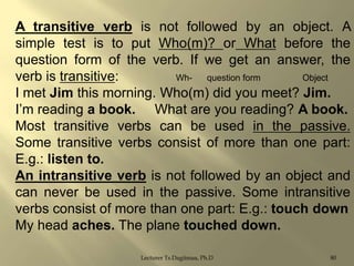 A transitive verb is not followed by an object. A
simple test is to put Who(m)? or What before the
question form of the verb. If we get an answer, the
verb is transitive:
Whquestion form
Object
I met Jim this morning. Who(m) did you meet? Jim.
I‟m reading a book. What are you reading? A book.
Most transitive verbs can be used in the passive.
Some transitive verbs consist of more than one part:
E.g.: listen to.
An intransitive verb is not followed by an object and
can never be used in the passive. Some intransitive
verbs consist of more than one part: E.g.: touch down
My head aches. The plane touched down.
Lecturer Ts.Dagiimaa, Ph.D

80

 