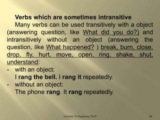 Verbs which are sometimes intransitive
Many verbs can be used transitively with a object
(answering question, like What did you do?) and
intransitively without an object (answering the
question, like What happened? ) break, burn, close,
drop, fly, hurt, move, open, ring, shake, shut,
understand:
- with an object:
I rang the bell. I rang it repeatedly.
- without an object:
The phone rang. It rang repeatedly.

Lecturer Ts.Dagiimaa, Ph.D

84

 