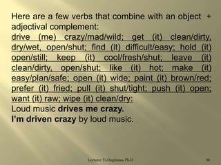 Here are a few verbs that combine with an object +
adjectival complement:
drive (me) crazy/mad/wild; get (it) clean/dirty,
dry/wet, open/shut; find (it) difficult/easy; hold (it)
open/still; keep (it) cool/fresh/shut; leave (it)
clean/dirty, open/shut; like (it) hot; make (it)
easy/plan/safe; open (it) wide; paint (it) brown/red;
prefer (it) fried; pull (it) shut/tight; push (it) open;
want (it) raw; wipe (it) clean/dry:
Loud music drives me crazy.
I‟m driven crazy by loud music.

Lecturer Ts.Dagiimaa, Ph.D

96

 