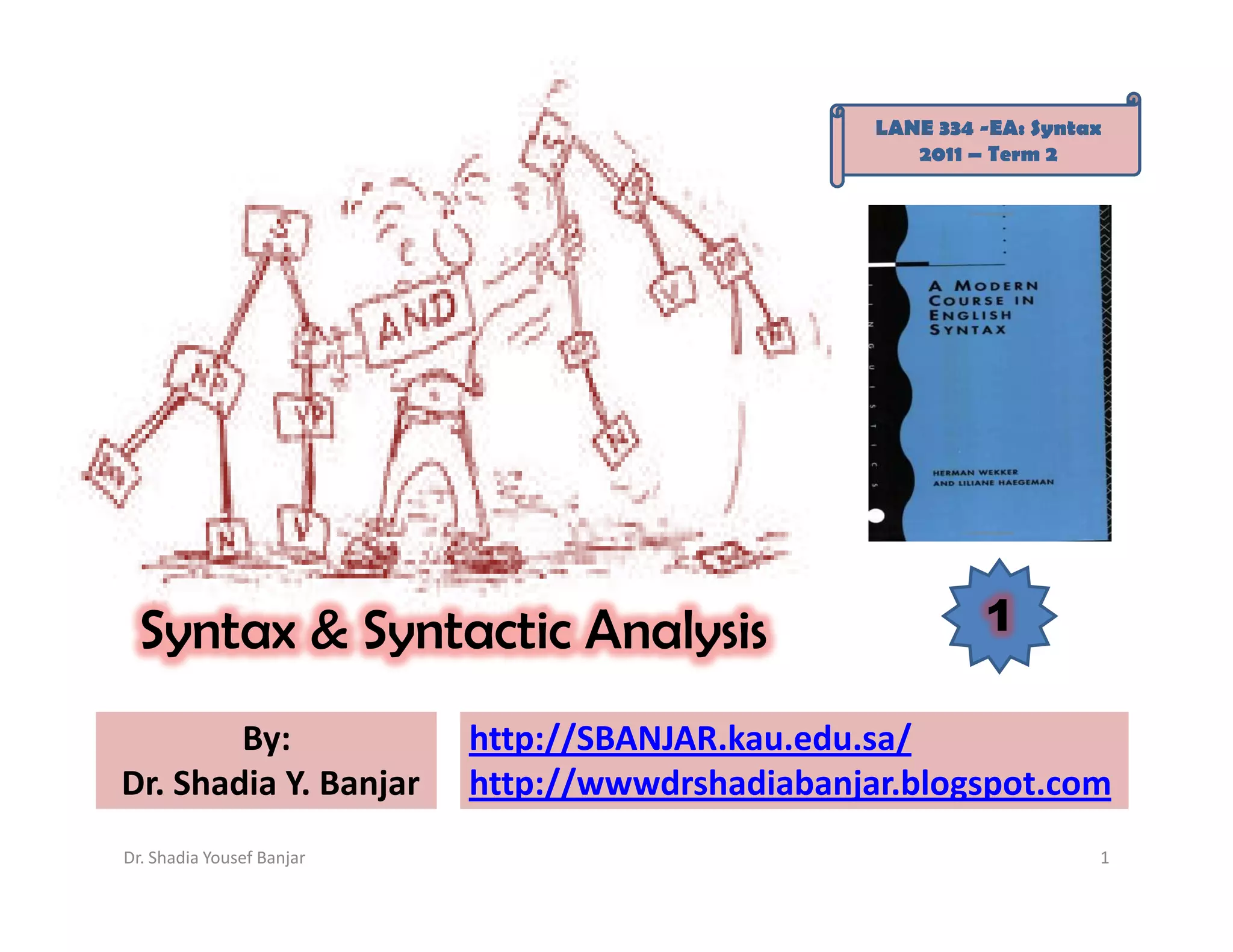 LANE 334 -EA: Syntax
                                                     2011 – Term 2




  Syntax & Syntactic Analysis                              1

        By:                http://SBANJAR.kau.edu.sa/
Dr. Shadia Y. Banjar       http://wwwdrshadiabanjar.blogspot.com
Dr. Shadia Yousef Banjar                                             1
 