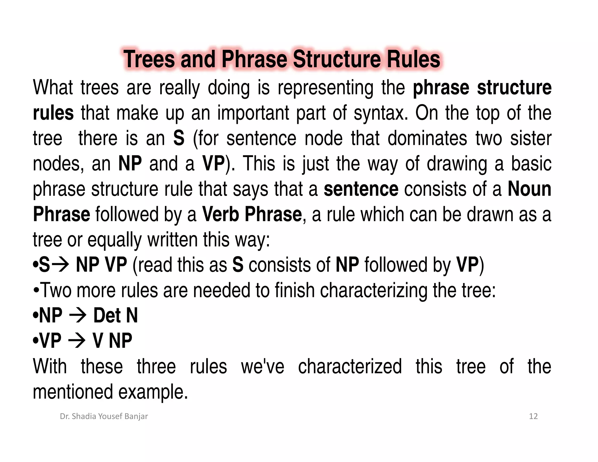 Trees and Phrase Structure Rules
What trees are really doing is representing the phrase structure
rules that make up an important part of syntax. On the top of the
tree there is an S (for sentence node that dominates two sister
nodes, an NP and a VP). This is just the way of drawing a basic
phrase structure rule that says that a sentence consists of a Noun
Phrase followed by a Verb Phrase, a rule which can be drawn as a
tree or equally written this way:
•S NP VP (read this as S consists of NP followed by VP)
•Two more rules are needed to finish characterizing the tree:
•NP Det N
•VP V NP
With these three rules we've characterized this tree of the
mentioned example.
   Dr. Shadia Yousef Banjar                                    12
 