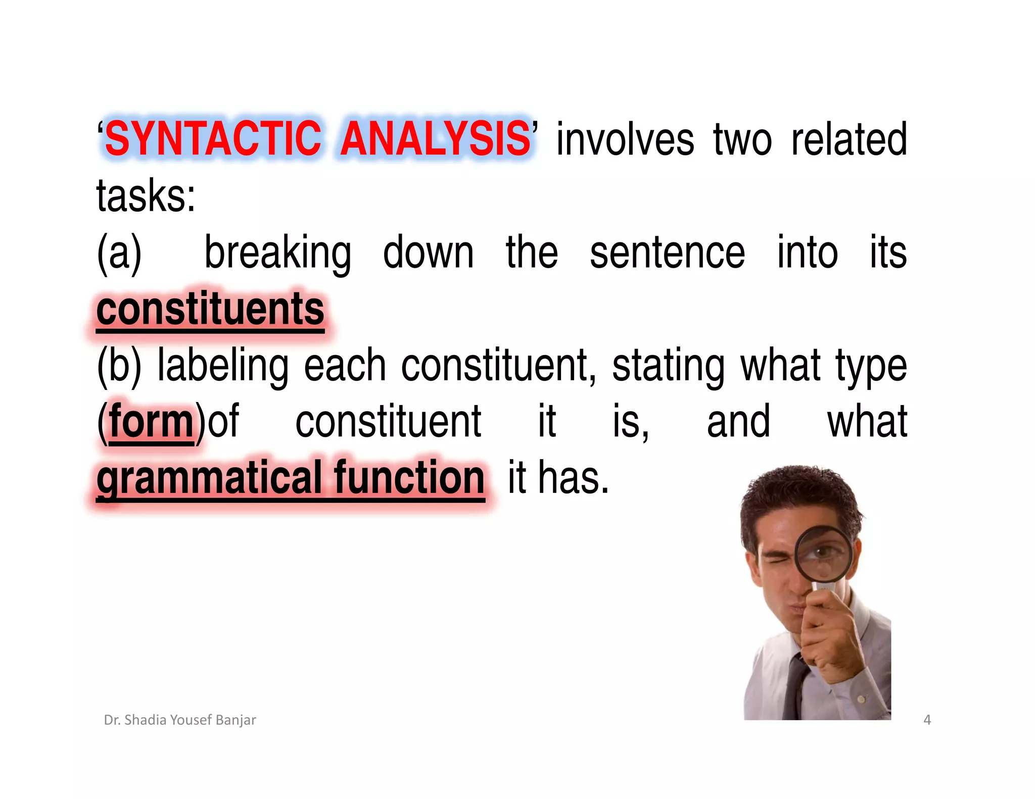 ‘SYNTACTIC ANALYSIS’ involves two related
tasks:
(a) breaking down the sentence into its
constituents
(b) labeling each constituent, stating what type
(form)of constituent it is, and what
grammatical function it has.



Dr. Shadia Yousef Banjar                           4
 