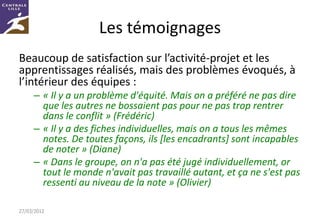 Les témoignages
Beaucoup de satisfaction sur l’activité-projet et les
apprentissages réalisés, mais des problèmes évoqués, à
l’intérieur des équipes :
     – « Il y a un problème d'équité. Mais on a préféré ne pas dire
       que les autres ne bossaient pas pour ne pas trop rentrer
       dans le conflit » (Frédéric)
     – « Il y a des fiches individuelles, mais on a tous les mêmes
       notes. De toutes façons, ils [les encadrants] sont incapables
       de noter » (Diane)
     – « Dans le groupe, on n'a pas été jugé individuellement, or
       tout le monde n'avait pas travaillé autant, et ça ne s'est pas
       ressenti au niveau de la note » (Olivier)

27/03/2012
 