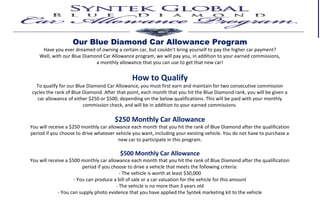 Our Blue Diamond Car Allowance Program
     Have you ever dreamed of owning a certain car, but couldn’t bring yourself to pay the higher car payment?
    Well, with our Blue Diamond Car Allowance program, we will pay you, in addition to your earned commissions,
                             a monthly allowance that you can use to get that new car!


                                              How to Qualify
  To qualify for our Blue Diamond Car Allowance, you must first earn and maintain for two consecutive commission
cycles the rank of Blue Diamond. After that point, each month that you hit the Blue Diamond rank, you will be given a
  car allowance of either $250 or $500, depending on the below qualifications. This will be paid with your monthly
                        commission check, and will be in addition to your earned commissions.

                                      $250 Monthly Car Allowance
You will receive a $250 monthly car allowance each month that you hit the rank of Blue Diamond after the qualification
period if you choose to drive whatever vehicle you want, including your existing vehicle. You do not have to purchase a
                                         new car to participate in this program.

                                         $500 Monthly Car Allowance
You will receive a $500 monthly car allowance each month that you hit the rank of Blue Diamond after the qualification
                         period if you choose to drive a vehicle that meets the following criteria:
                                           - The vehicle is worth at least $30,000
                     - You can produce a bill of sale or a car valuation for the vehicle for this amount
                                         - The vehicle is no more than 3 years old
             - You can supply photo evidence that you have applied the Syntek marketing kit to the vehicle
 
