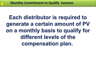 Monthly Commitment to Qualify Incomes



 Each distributor is required to
generate a certain amount of PV
on a monthly basis to qualify for
     different levels of the
      compensation plan.
 