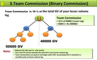 3.Team Commission (Binary Commission)
 Team Commission is 10 % of                    the total GV of your lesser volume
 leg
                                        U                       Team Commission
                                                                Team Commission
                                                                ==10 % of 40000 ((Lesser Leg)
                                                                   10 % of 40000 Lesser Leg)
                                                                ==4000 $$==Rs 200000/-
                                                                   4000     Rs 200000/-
                         D1                            D2




                                            40000 GV
 50000 GV
Note: ••Balance GVPVcounts towards the total GV in your lesser volume leg.
           Balance GVrolls over to next month
                      rolls over to next month
      • • Your own PV counts towards the total GV in your lesser volume leg.
           Your own
            • • Team commissions are paid on and begin when 250 accumulated GV is reached in aa
                 Team commissions are paid on and begin when 250 accumulated GV is reached in
                monthly cycle on lesser volume leg.
                 monthly cycle on lesser volume leg.
 